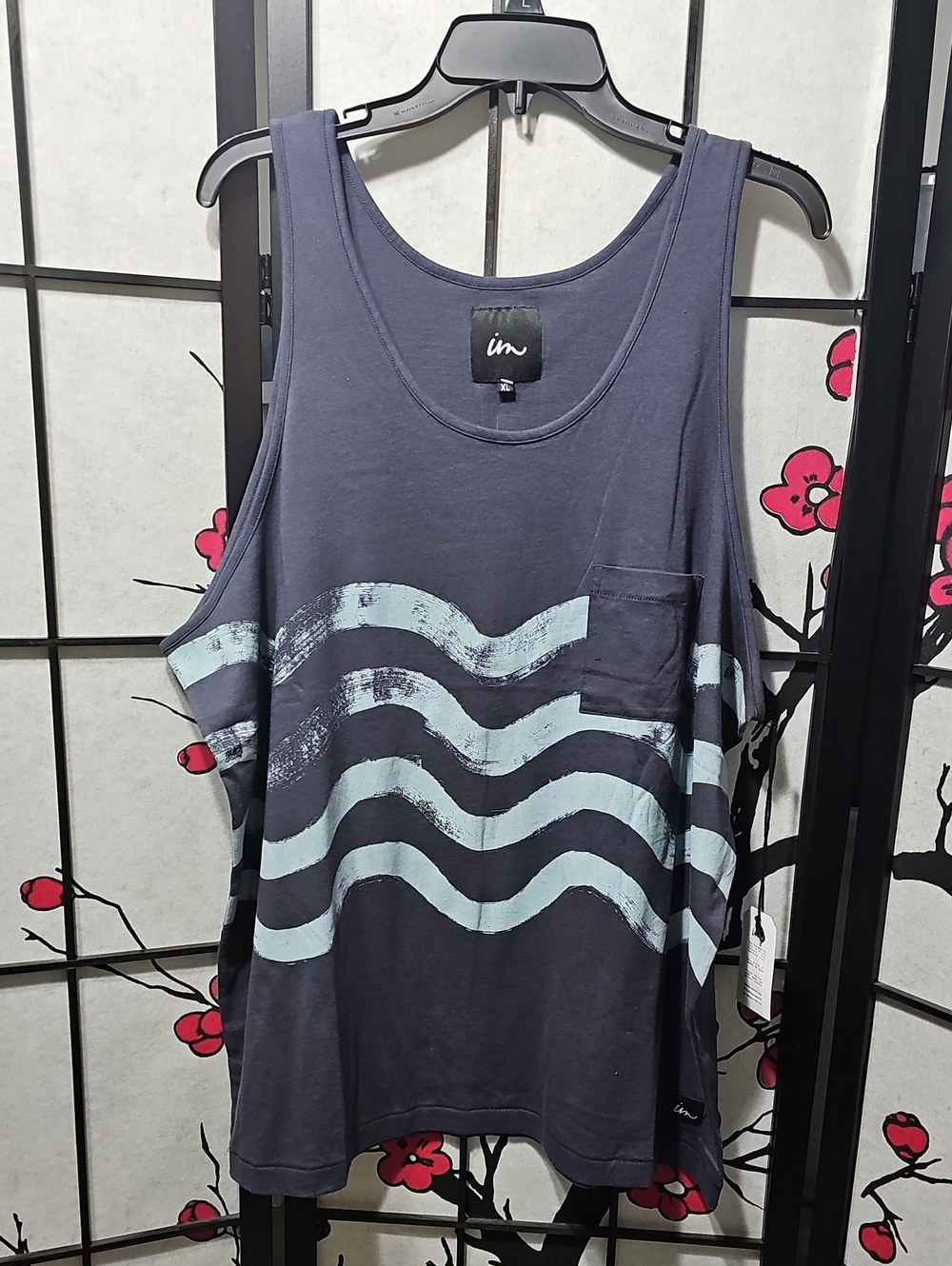 Imperial Motion Navy Tank Top with Light Blue Wave Print XL New